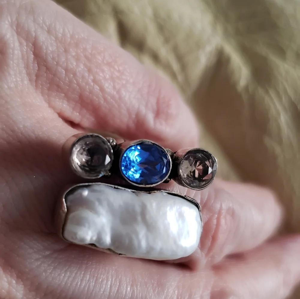 NWOT,Natural Pearl, Mixed Gemstone & Silver Artsy Ring, SZ 8.5, Handmade,Unusual
